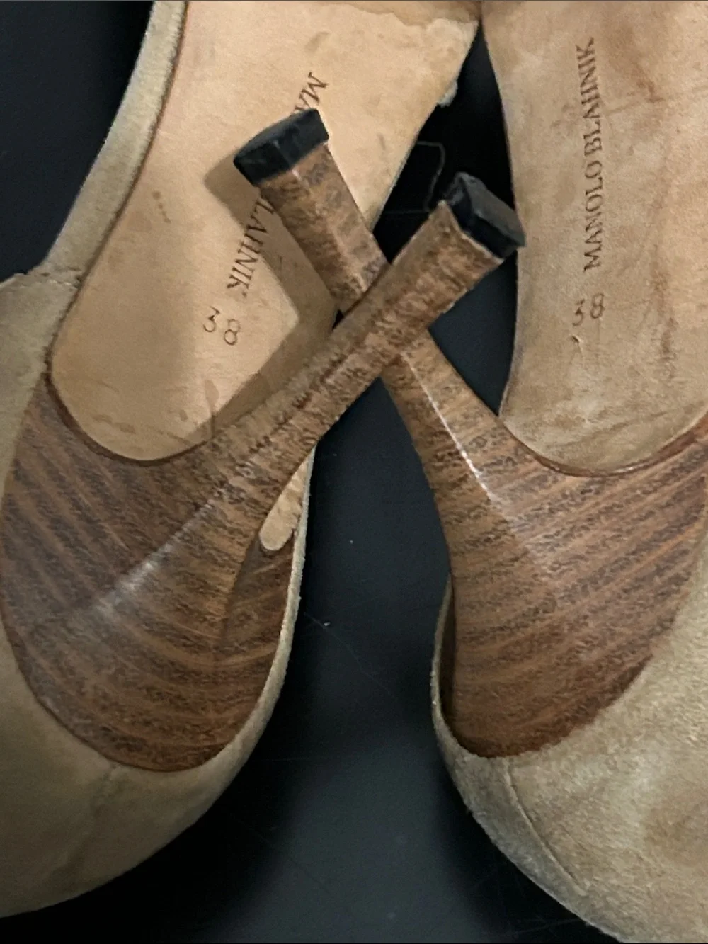 Vintage Manolo Blahnik Tan Suede Peep-Toe Heels, Size 38